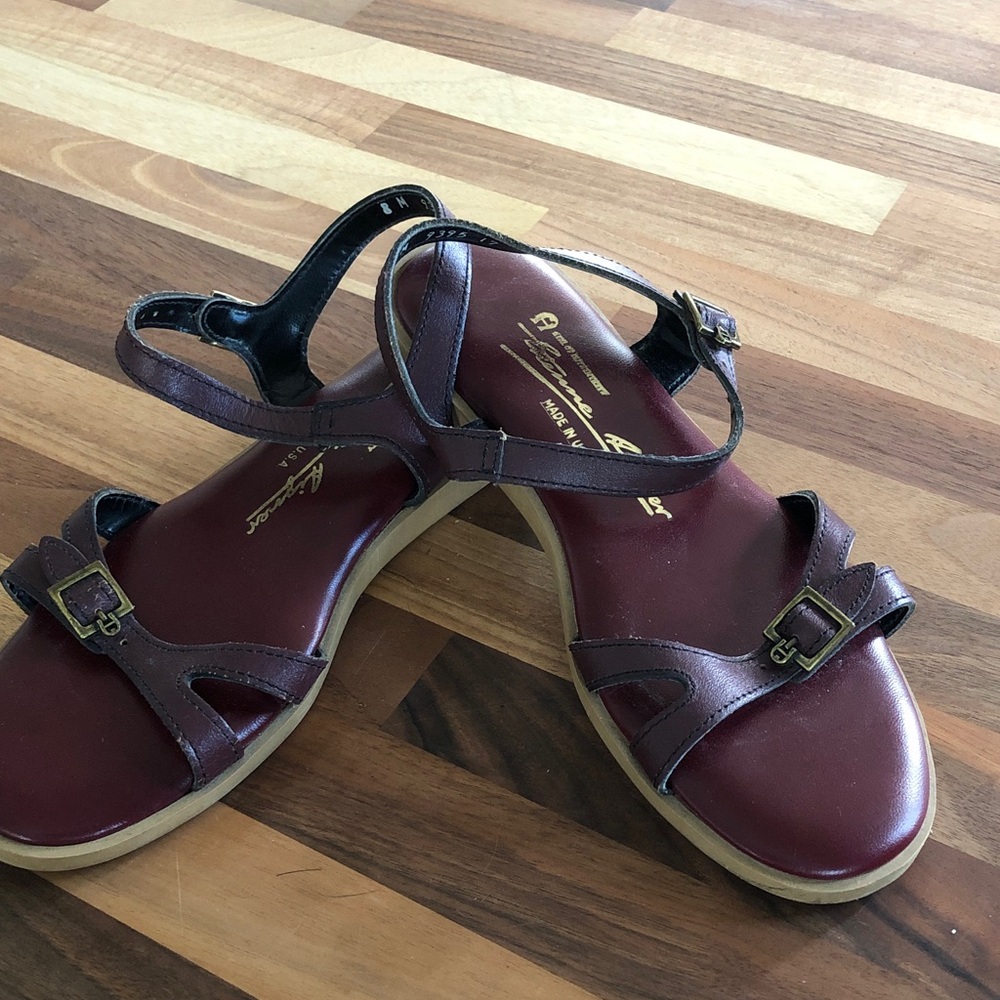 Etienne Aigner Burgundy Strappy Sandals with Gold Buckles